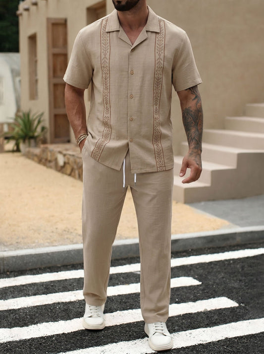 Men's Vacation Linen Blend Embroidered Shirt & Long Pants 2-Piece Set (Beige)