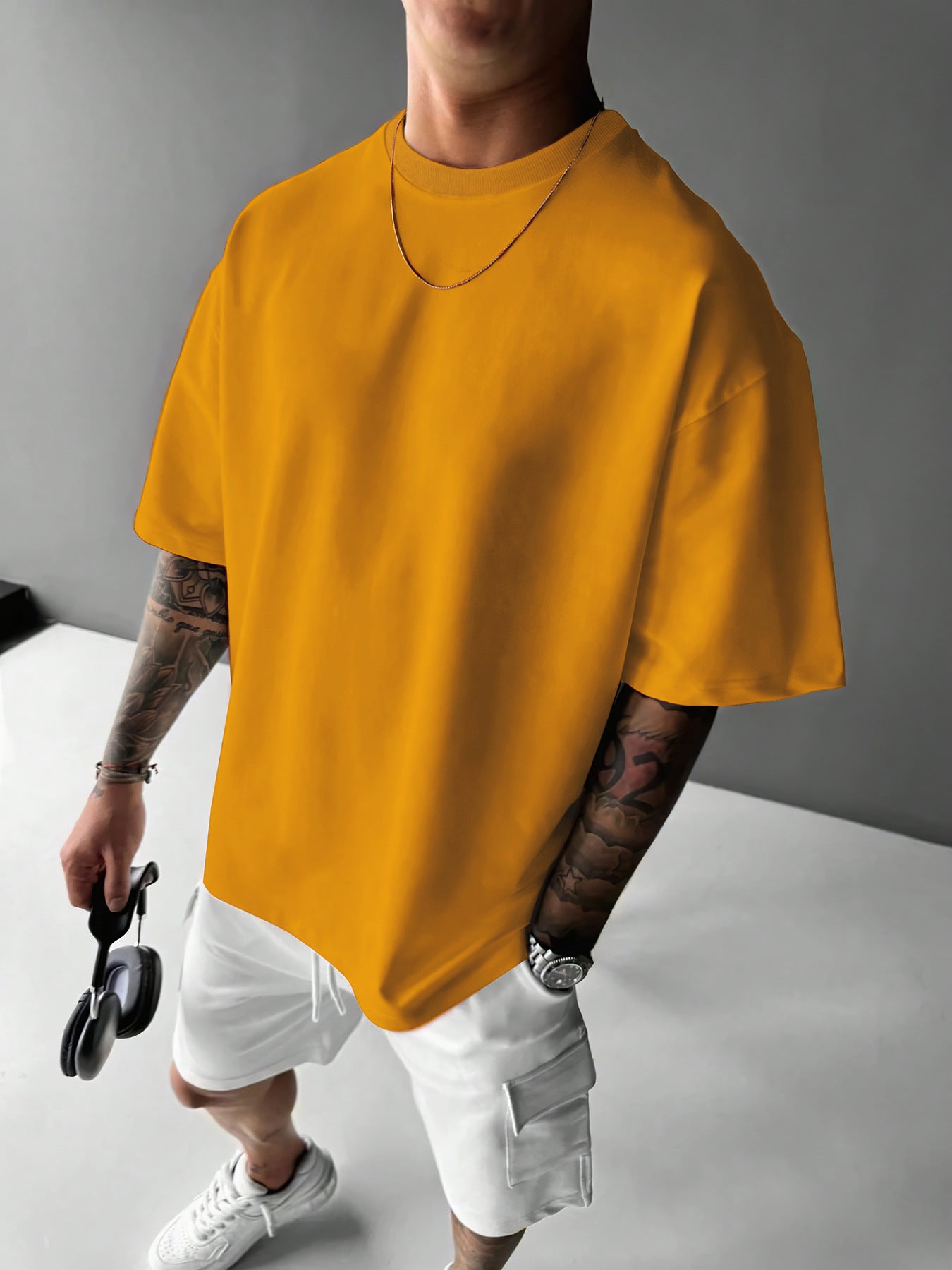 Men's Summer Ginger Yellow Solid Color Oversized Crew Neck Short Sleeve T-Shirt