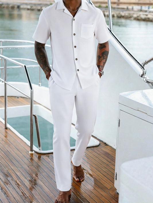 Men's Summer Yacht Vacation 2-Piece Set - Short Sleeve Button-Down Shirt & Pants