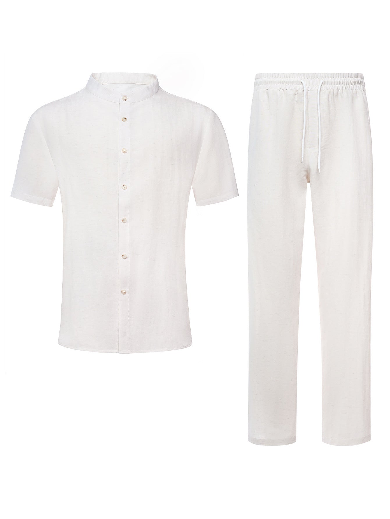 Men's Summer Linen Blend Mandarin Collar Short Sleeve Shirt & Pants 2-Piece Set