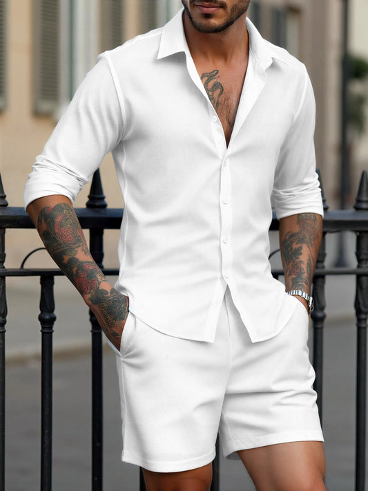 Men's Summer White Casual Long Sleeve Button-Up Shirt & Shorts 2-Piece Set