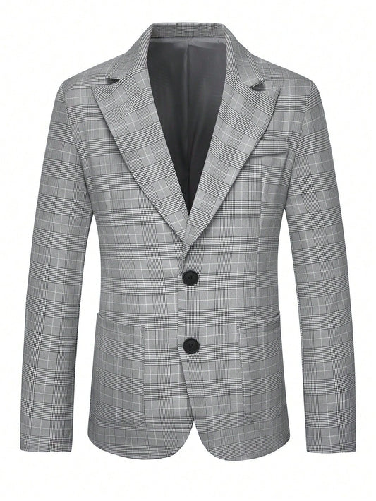Men's Grey Plaid Single-Breasted 2-Button Blazer with Notch Lapel