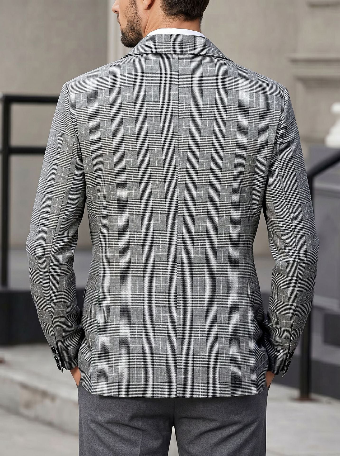 Men's Grey Plaid Single-Breasted 2-Button Blazer with Notch Lapel