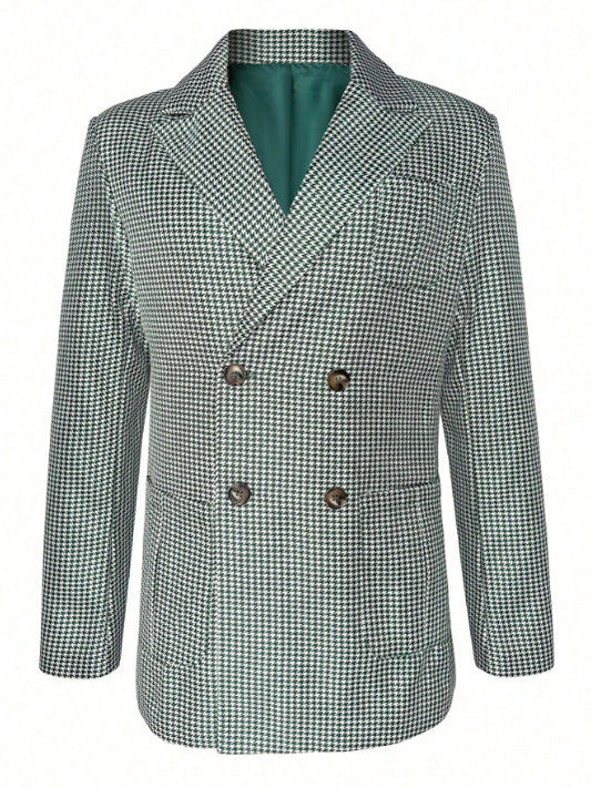 Men's Vintage Green & White Houndstooth Double-Breasted Blazer - Notch Lapel Long Sleeve Suit Jacket