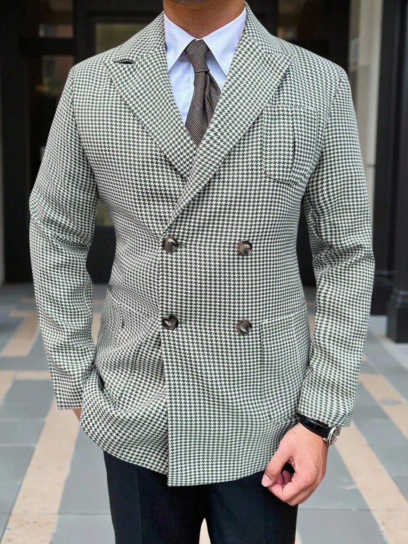 Men's Vintage Green & White Houndstooth Double-Breasted Blazer - Notch Lapel Long Sleeve Suit Jacket