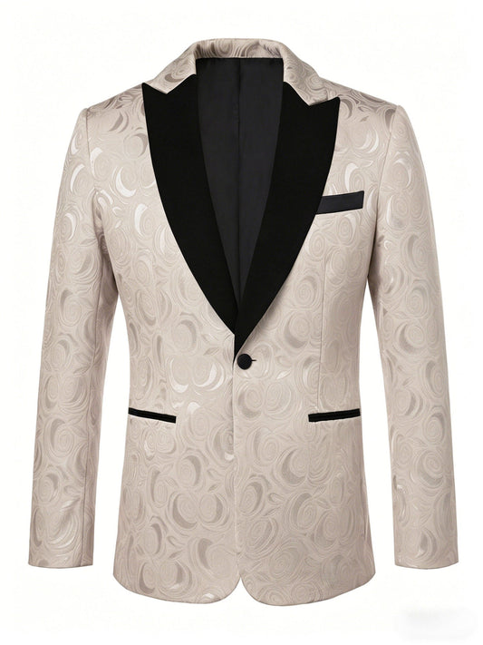 Men's Champagne Jacquard Single-Breasted Blazer - Black Peak Lapel One-Button Formal Suit Jacket