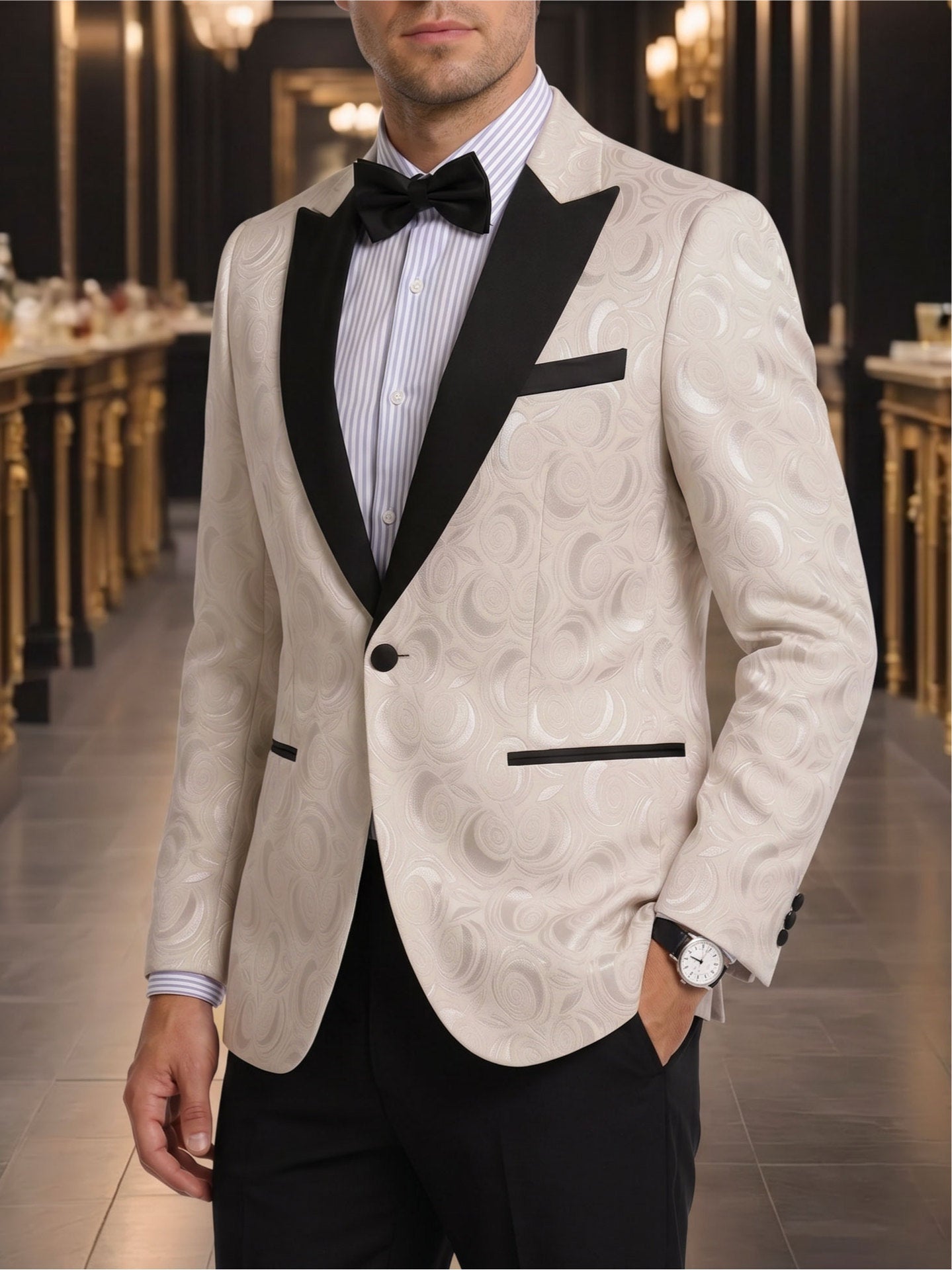 Men's Champagne Jacquard Single-Breasted Blazer - Black Peak Lapel One-Button Formal Suit Jacket