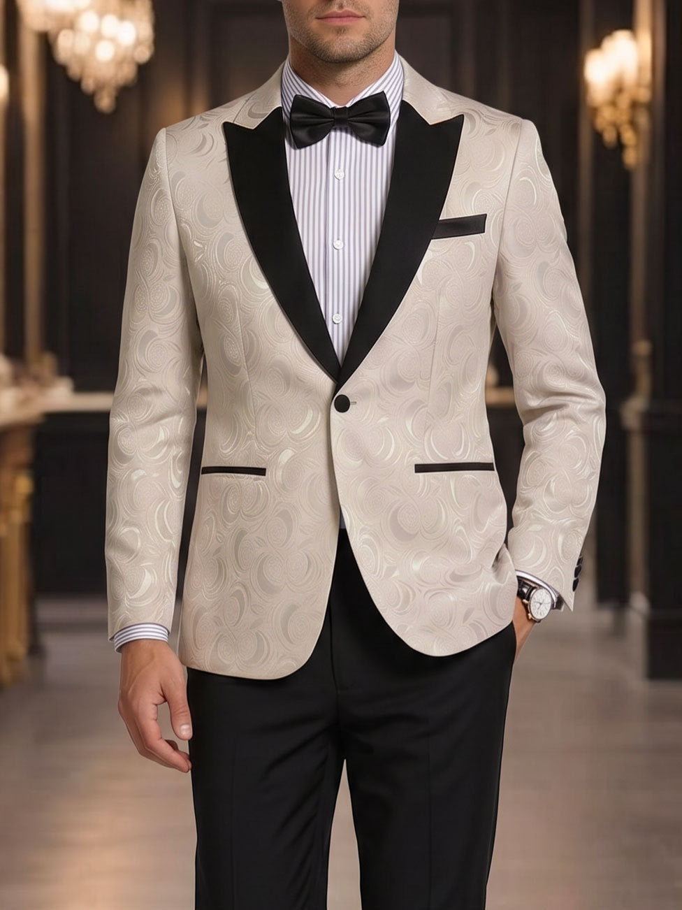 Men's Champagne Jacquard Single-Breasted Blazer - Black Peak Lapel One-Button Formal Suit Jacket