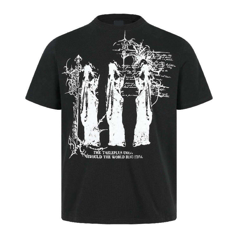 High Street Gothic Vintage Distressed Graphic Short Sleeve T-Shirt - Black/White (Three Silhouettes & Handwritten Text)
