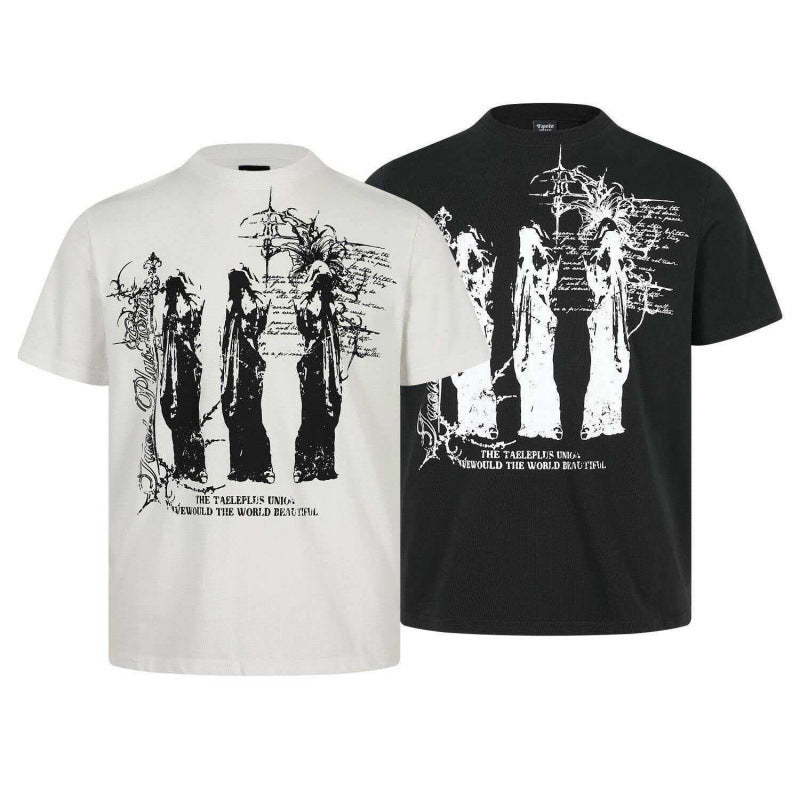 High Street Gothic Vintage Distressed Graphic Short Sleeve T-Shirt - Black/White (Three Silhouettes & Handwritten Text)