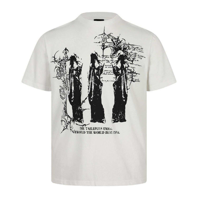 High Street Gothic Vintage Distressed Graphic Short Sleeve T-Shirt - Black/White (Three Silhouettes & Handwritten Text)